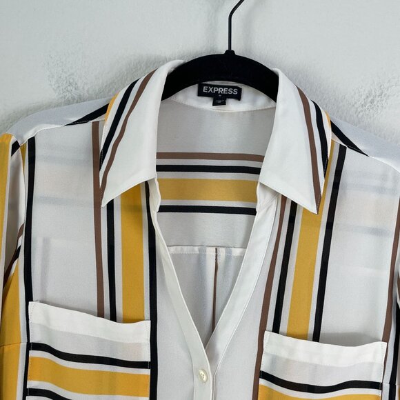 Express Womens Medium Roll Tab Sleeve Shirt Button Up Striped Pocket Blouse Top - Picture 2 of 8